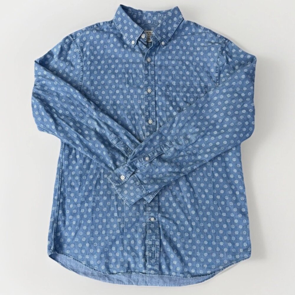 Club Monaco Mens Medium Slim Fit Blue Denim White Patterned Button-Down Shirt